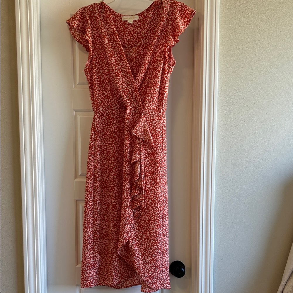 Flutter Sleeve Orange Floral Wrap Midi Dress